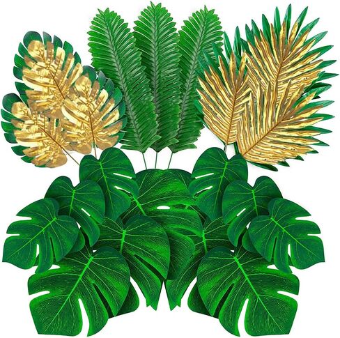 66 Pieces 6 Kinds Artificial Palm Leaves with Faux Monstera Leaves Stems Tropical Plant Simulation Safari Leaves for Hawaiian Luau Jungle Beach Theme Party Table Leave Decorations in Kuwait