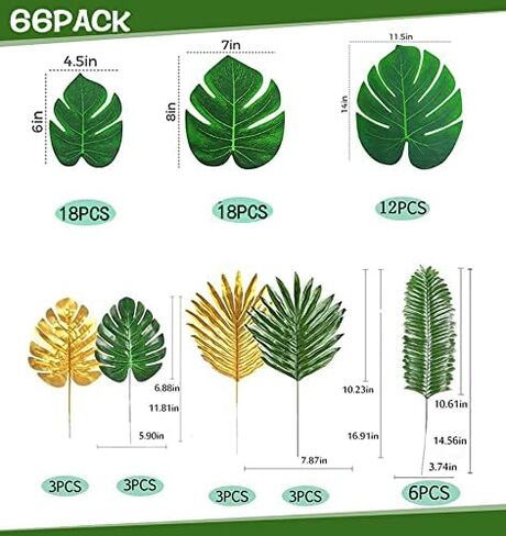 66 Pieces 6 Kinds Artificial Palm Leaves with Faux Monstera Leaves Stems Tropical Plant Simulation Safari Leaves for Hawaiian Luau Jungle Beach Theme Party Table Leave Decorations in Kuwait