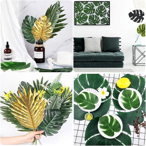 66 Pieces 6 Kinds Artificial Palm Leaves with Faux Monstera Leaves Stems Tropical Plant Simulation Safari Leaves for Hawaiian Luau Jungle Beach Theme Party Table Leave Decorations in Kuwait