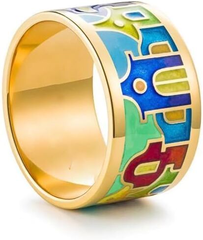 18k Gold Colored Enamel Drop Oil Patchwork Ring with Colorful Geometric Design, Single Body Gold Drop Glue Color Fashionable and Personalized Women's Ring Size 10 in Saudi Arabia