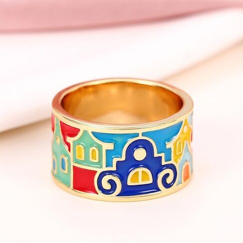 18k Gold Colored Enamel Drop Oil Patchwork Ring with Colorful Geometric Design, Single Body Gold Drop Glue Color Fashionable and Personalized Women's Ring Size 10 in Saudi Arabia
