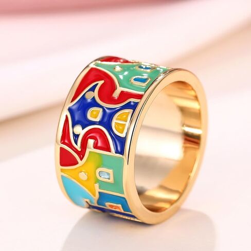 18k Gold Colored Enamel Drop Oil Patchwork Ring with Colorful Geometric Design, Single Body Gold Drop Glue Color Fashionable and Personalized Women's Ring Size 10 in Saudi Arabia