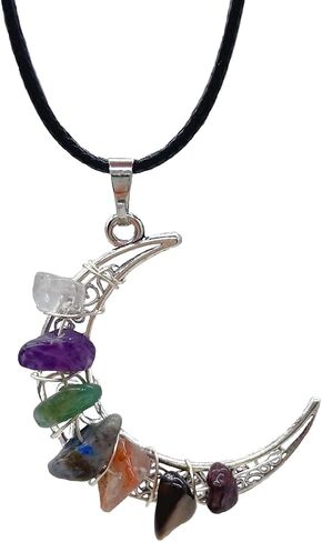 7 Chakra Crystal Healing Stone Crystal Moon Necklace,Wire Wrapped Healing Crystal Necklace Natural Resin Reiki Chakra Necklace for Women Creative Birthday Gift/Energy Gift (Gravel, Stainless Steel) in Saudi Arabia