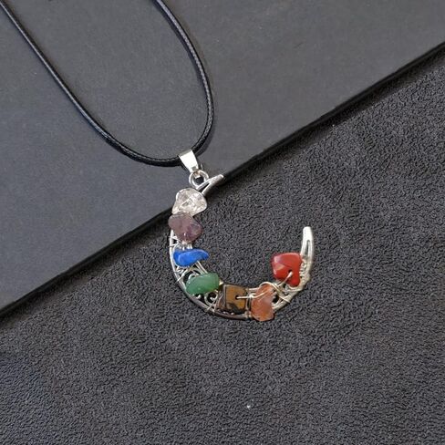 7 Chakra Crystal Healing Stone Crystal Moon Necklace,Wire Wrapped Healing Crystal Necklace Natural Resin Reiki Chakra Necklace for Women Creative Birthday Gift/Energy Gift (Gravel, Stainless Steel) in Saudi Arabia