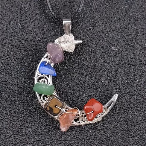 7 Chakra Crystal Healing Stone Crystal Moon Necklace,Wire Wrapped Healing Crystal Necklace Natural Resin Reiki Chakra Necklace for Women Creative Birthday Gift/Energy Gift (Gravel, Stainless Steel) in Saudi Arabia
