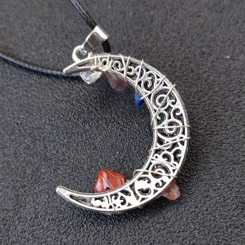7 Chakra Crystal Healing Stone Crystal Moon Necklace,Wire Wrapped Healing Crystal Necklace Natural Resin Reiki Chakra Necklace for Women Creative Birthday Gift/Energy Gift (Gravel, Stainless Steel) in Saudi Arabia