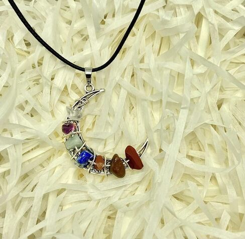 7 Chakra Crystal Healing Stone Crystal Moon Necklace,Wire Wrapped Healing Crystal Necklace Natural Resin Reiki Chakra Necklace for Women Creative Birthday Gift/Energy Gift (Gravel, Stainless Steel) in Saudi Arabia