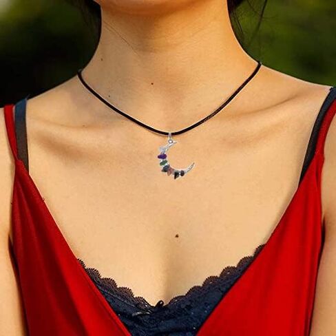 7 Chakra Crystal Healing Stone Crystal Moon Necklace,Wire Wrapped Healing Crystal Necklace Natural Resin Reiki Chakra Necklace for Women Creative Birthday Gift/Energy Gift (Gravel, Stainless Steel) in Saudi Arabia