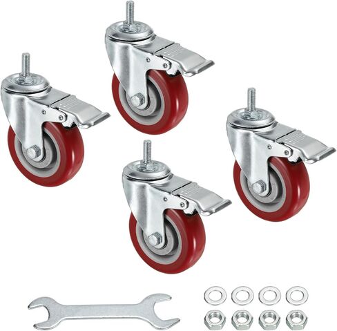 uxcell 3 Inch Swivel Threaded Stem Casters 3/8"-16UNC Thread PU Caster Wheel with Brake 88lbs Load for Furniture Carts, Red 4pcs in Saudi Arabia