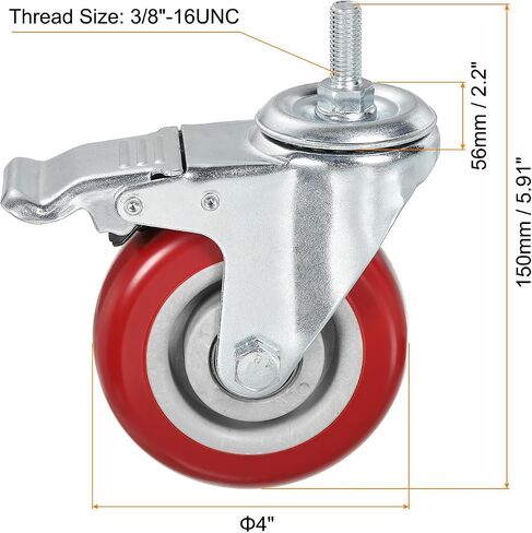 uxcell 3 Inch Swivel Threaded Stem Casters 3/8"-16UNC Thread PU Caster Wheel with Brake 88lbs Load for Furniture Carts, Red 4pcs in Saudi Arabia