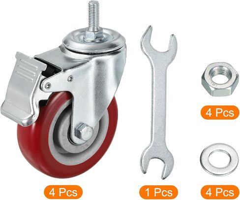 uxcell 3 Inch Swivel Threaded Stem Casters 3/8"-16UNC Thread PU Caster Wheel with Brake 88lbs Load for Furniture Carts, Red 4pcs in Saudi Arabia