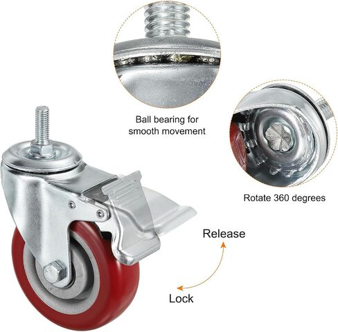 uxcell 3 Inch Swivel Threaded Stem Casters 3/8"-16UNC Thread PU Caster Wheel with Brake 88lbs Load for Furniture Carts, Red 4pcs in Saudi Arabia