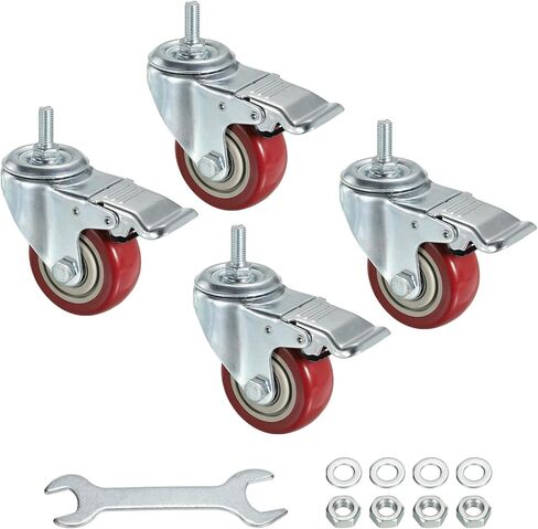 uxcell 3 Inch Swivel Threaded Stem Casters 3/8"-16UNC Thread PU Caster Wheel with Brake 88lbs Load for Furniture Carts, Red 4pcs in Saudi Arabia