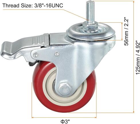 uxcell 3 Inch Swivel Threaded Stem Casters 3/8"-16UNC Thread PU Caster Wheel with Brake 88lbs Load for Furniture Carts, Red 4pcs in Saudi Arabia