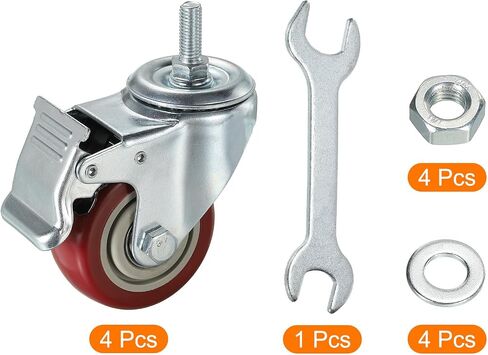 uxcell 3 Inch Swivel Threaded Stem Casters 3/8"-16UNC Thread PU Caster Wheel with Brake 88lbs Load for Furniture Carts, Red 4pcs in Saudi Arabia