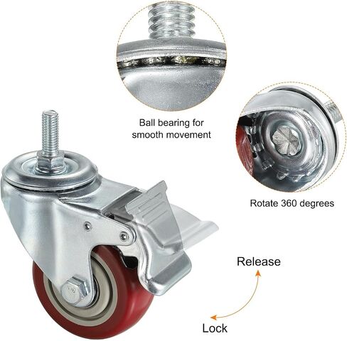 uxcell 3 Inch Swivel Threaded Stem Casters 3/8"-16UNC Thread PU Caster Wheel with Brake 88lbs Load for Furniture Carts, Red 4pcs in Saudi Arabia