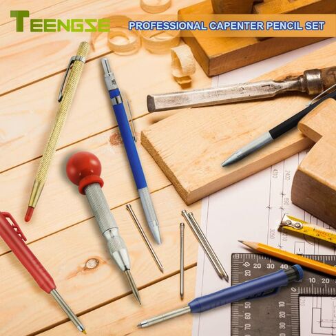 Carpenter Mechanical Pencils, Mechanical Woodworking Pencil Set with Built-in Sharpener, Automatic Center Hole Punch, Carpentry Marking Scribe Tools for Construction Architect DIY in Kuwait