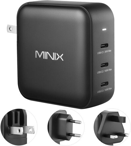 شاحن MINIX 140 واط USB C شاحن Mac Book Pro قابل للطي، PD 3.1 PPS 3 × منافذ USB من النوع C (بحد أقصى 140 واط) محول طاقة جداري سريع GaN II Loptop متوافق مع MacBook Pro16" iPhone 14 وGalaxy والمزيد. in Kuwait