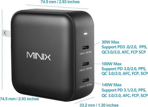 شاحن MINIX 140 واط USB C شاحن Mac Book Pro قابل للطي، PD 3.1 PPS 3 × منافذ USB من النوع C (بحد أقصى 140 واط) محول طاقة جداري سريع GaN II Loptop متوافق مع MacBook Pro16" iPhone 14 وGalaxy والمزيد. in Kuwait