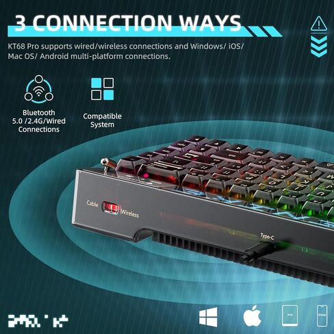 لوحة مفاتيح ميكانيكية للألعاب KT68 Pro 65% RGB 4000 مللي أمبير في الساعة لاسلكية مع شاشة LED ذكية، مضادة للظلال، مفتاح Gateron أصفر قابل للتبديل السريع، لوحة مفاتيح مخصصة لنظام Win/Mac/iOS/Android in Kuwait