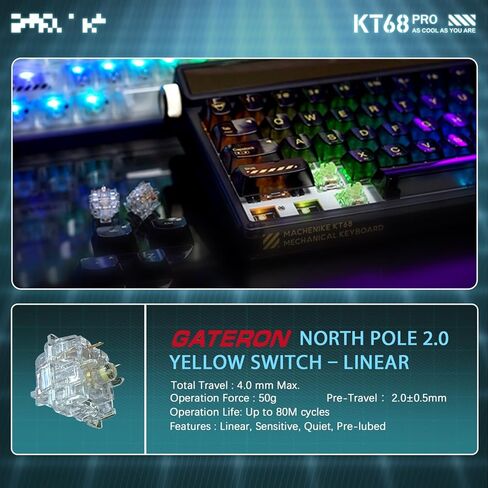 لوحة مفاتيح ميكانيكية للألعاب KT68 Pro 65% RGB 4000 مللي أمبير في الساعة لاسلكية مع شاشة LED ذكية، مضادة للظلال، مفتاح Gateron أصفر قابل للتبديل السريع، لوحة مفاتيح مخصصة لنظام Win/Mac/iOS/Android in Kuwait
