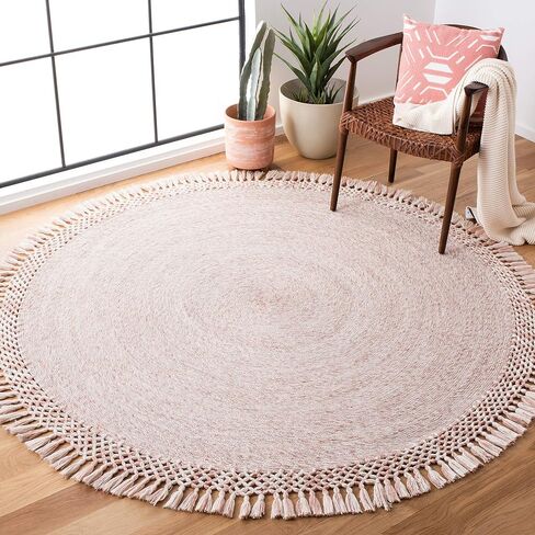 SAFAVIEH Sahara Collection 3' Round Beige SAH490A Handmade Boho Tassel Area Rug in Saudi Arabia