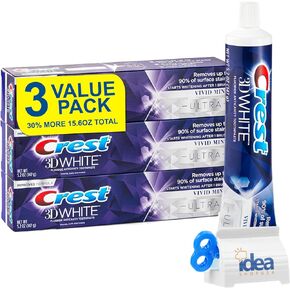 Crest-3D-White Ultra Whitening Toothpaste Vivid Mint, 3 Large Tubes of 5.2 oz (Total 15.6 oz) Anticavity Fluoride Toothpaste, Enamel Repair, Stain Protection + Bonus Idea Shop USA Toothpaste Squeezer