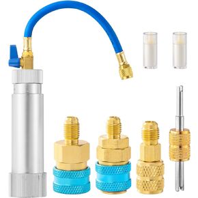 AC Oil Injector Kit for R1234YF R134A R410A, HVAC Dye Oil Injector with Shut-Off Valve, with 1/4" SAE Connector, R1234YF R134A Low Side Quick Coupler, R410 Mini Split Adapter
