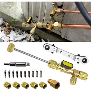 مجموعة أدوات تثبيت مفتاح خدمة التدفئة والتهوية وتكييف الهواء (HVAC) من RYANSTAR مع محول بت سداسي، مقاس مزدوج SAE 1/4 و5/16 منفذ، 10 قطع قلوب صمامات مع ختم تفلون، 5 قطع صواميل نحاسية لإصلاح نظام التدفئة والتهوية وتكييف الهواء (HVAC) in Saudi Arabia