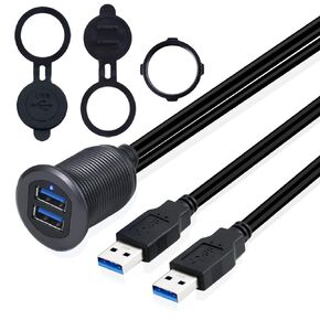 MysRuida USB 3.0 & 3.5mm TRS Mount with Light, 3.3ft USB 3.0 Male to Female & 3.5mm Male to Female Flush Panel Dashboard Mount Extension AUX Cable for Car Truck Boat Motorcycle, Metal Shell, Gray