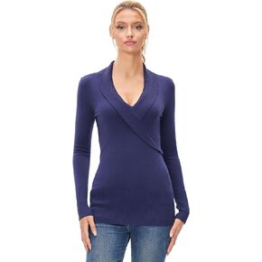 AmélieBoutik Women Shawl Collar V Neck Faux Wrap Long Sleeve Tunic Sweater
