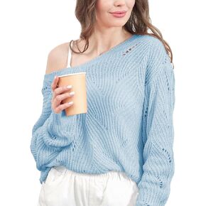 Women's V Neck Hollow Cable Knit Pullover Sweater Soft Cute Long Sleeve Solid Color Lightweight Jumper Tops