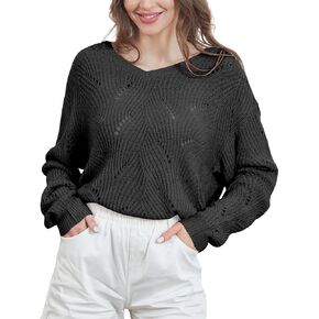 Women's V Neck Hollow Cable Knit Pullover Sweater Soft Cute Long Sleeve Solid Color Lightweight Jumper Tops