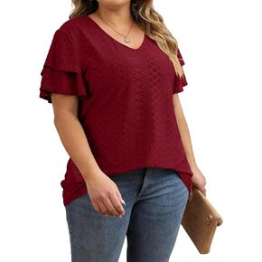 Womens Plus Size Tops Summer Casual V Neck Short Ruffle Sleeve T Shirts Loose Fit Eyelet Hollow Out Blouse 1X-5X