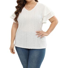 Womens Plus Size Tops Summer Casual V Neck Short Ruffle Sleeve T Shirts Loose Fit Eyelet Hollow Out Blouse 1X-5X in Saudi Arabia
