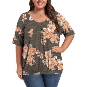 Women's Plus Size Tops Short Sleeve Shirts Pleated V Neck Loose Baggy Blouse