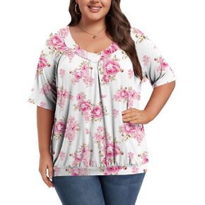 Women's Plus Size Tops Short Sleeve Shirts Pleated V Neck Loose Baggy Blouse