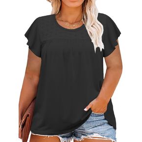 ROSRISS Plus-Size-Summer-Tops for Women Casual Ruffle Cap Sleeve Shirts Crewneck Eyelet Tunics