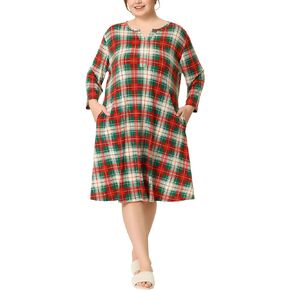 Agnes Orinda Plus Size Nightgown for Women Plaid V Neck Lounge Sleep Dress Nightgowns