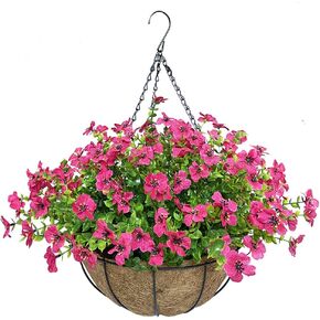 Artificial Flowers in Basket,Artificial Hanging Baskets with Flowers for Outdoor Indoor Courtyard Decor,12 inch Coconut Lining Basket for Patio Garden Porch Deck Decoration