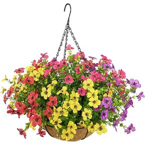 Artificial Flowers in Basket,Artificial Hanging Baskets with Flowers for Outdoor Indoor Courtyard Decor,12 inch Coconut Lining Basket for Patio Garden Porch Deck Decoration in Saudi Arabia