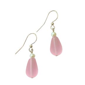 Sea Glass Earrings Pink Dangle with Pearl Beach Earrings for Women Girls Handmade in USA