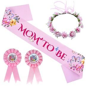 Butterfly Theme Mom to Be Sash Baby Shower Decorations Dad to Be Pin Pink Flower Crown Headband for Gender Reveals Favors for Girls Pregnancy Maternity Baby Shower Party Props Keepsake Gift