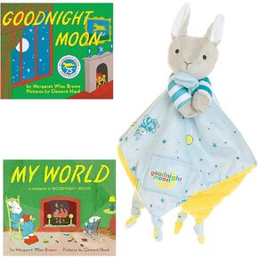 Goodnight Moon and My World Board Books by Margaret Wise Brown and Good Night Moon Baby Lovey Bunny Stuffed Animal Snuggler Blanket, and Gift - Book Bag (A Classic, Sweet Dreams Bedtime Gift Set)