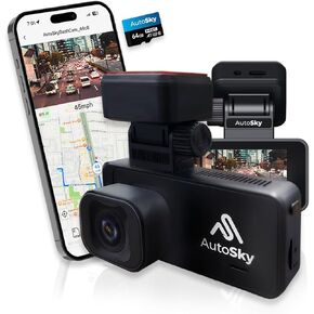 4K Dash Cam Car Camera - Dashboard Camera with Built-in WiFi and GPS - 64GB Memory Card Included - App to Share and Edit DashCam Recordings - AutoSky WiFi Dash Cam Front