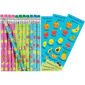 24 Sets of Fruit of The Spirit Bookmarks with Fruit of The Spirit Pencils - Vacation Bible School - Church Award Prizes - Galatians 5:22-23 - Christian Bookmarks