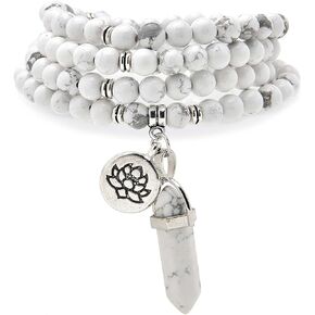 108 Natural Mala Prayer Beads Bracelet Necklace with Lotus Charm and Reiki Quartz Hexagonal Prism Pendant