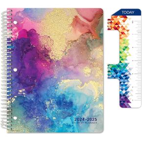 Global Datebooks Dated Middle School or High School Student Planner for Academic Year 2024-2025 includes Ruler/Bookmark and Planning Stickers (Matrix Style - 5.5"x8.5" - Rainbow Gold Marble)
