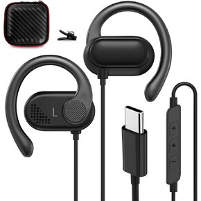Open Ear Headphones Wired for Samsung S24 Ultra S23 Fe S22+ A35, USB Type C Earphone with Mic Over Ear Wired Earbuds with Ear Hook for iPhone 15 Pro Max Plus iPad 10 Air Pixel 8a 8 7 Pro OnePlus 12 11