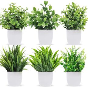 6 Pots Small Fake Plants Mini Artificial Potted Plants Eucalyptus Lavender Spring Grass Magnolia Aloe Faux Plants for Table Desk Home Bathroom Office Decor